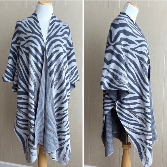 Chico's Sweaters - Chico's L/XL Zebra Print Boho Embroidered Detail Ruana Wrap Cardigan NEW